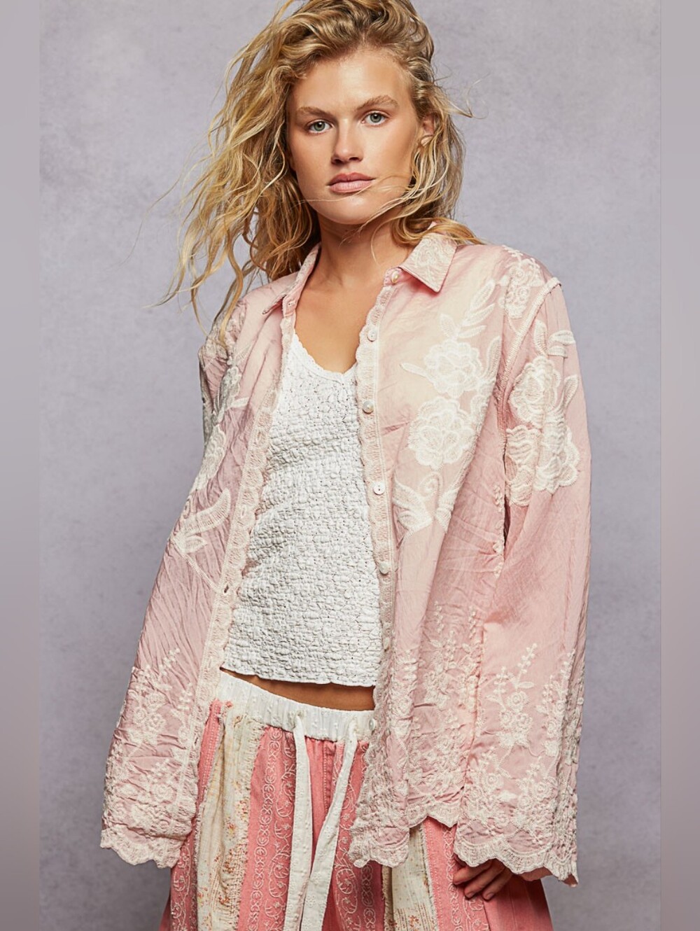 2-0609 POL Light Pink Lace Embroidered Button-Down Shirt Jacket